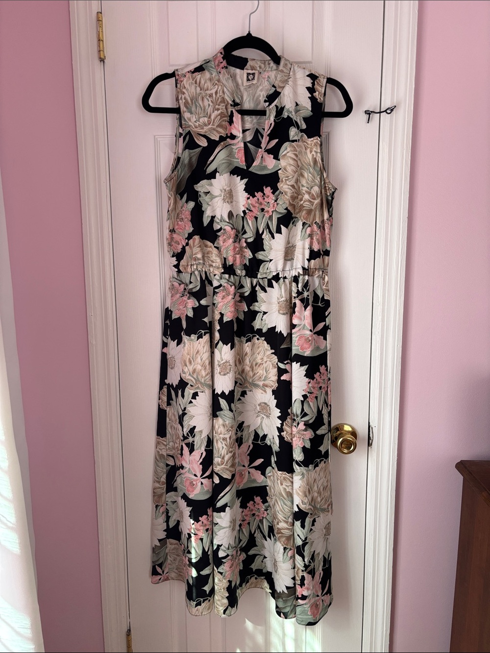 Anne Klein Black Sleeveless Floral Midi Dress with Pink and Cream Blooms